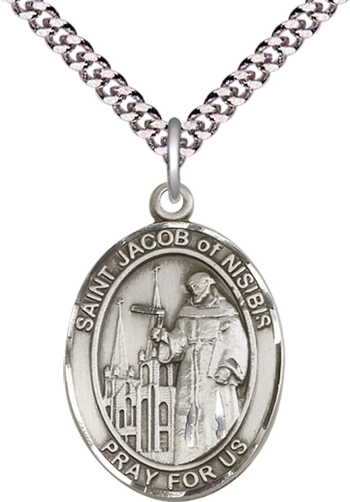 Sterling Silver Saint Jacob of Nisibis Pendant on a 24 inch Light Rhodium Heavy Curb chain