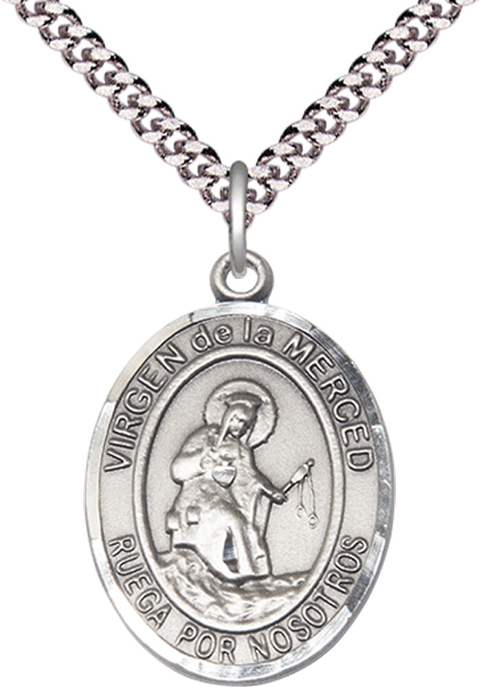 Sterling Silver Virgen de la Merced Pendant on a 24 inch Light Rhodium Heavy Curb chain