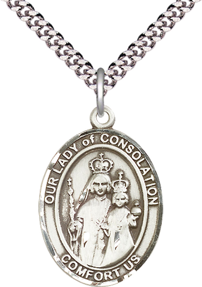 Sterling Silver Our Lady of Consolation Pendant on a 24 inch Light Rhodium Heavy Curb chain