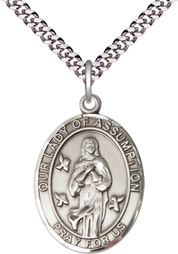 Sterling Silver Our Lady of Assumption Pendant on a 24 inch Light Rhodium Heavy Curb chain