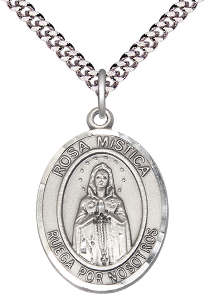 Sterling Silver Rosa Mystica Pendant on a 24 inch Light Rhodium Heavy Curb chain