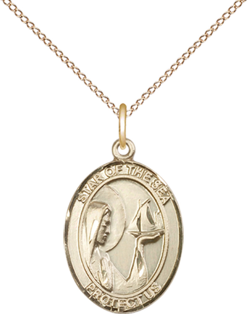 14kt Gold Filled Our Lady Star of the Sea Pendant on a 18 inch Gold Filled Light Curb chain