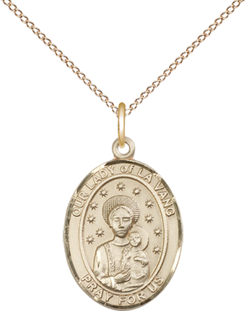14kt Gold Filled Our Lady of la Vang Pendant on a 18 inch Gold Filled Light Curb chain