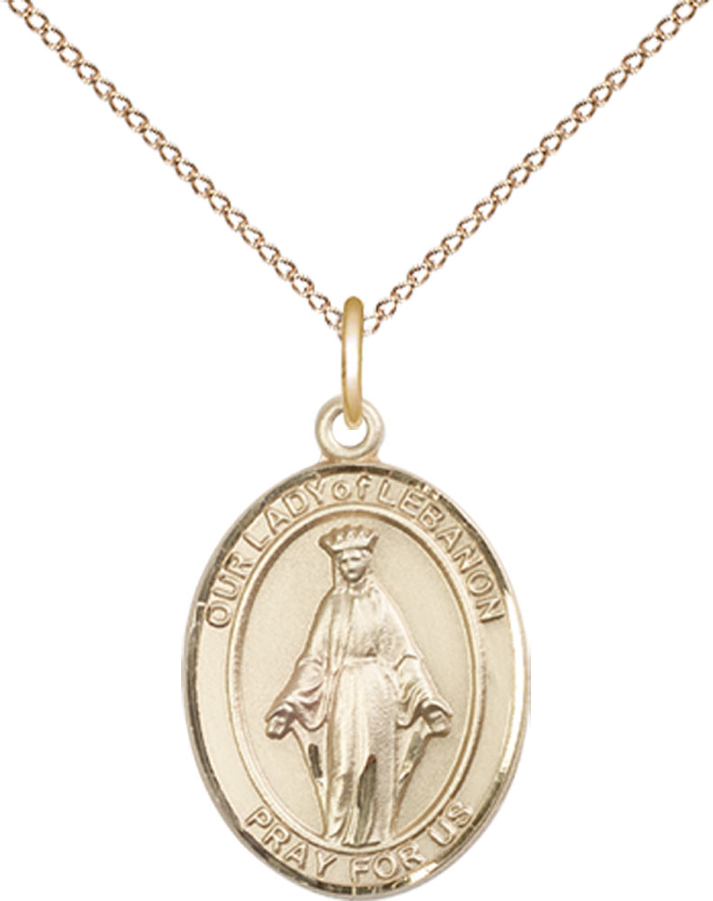 14kt Gold Filled Our Lady of Lebanon Pendant on a 18 inch Gold Filled Light Curb chain