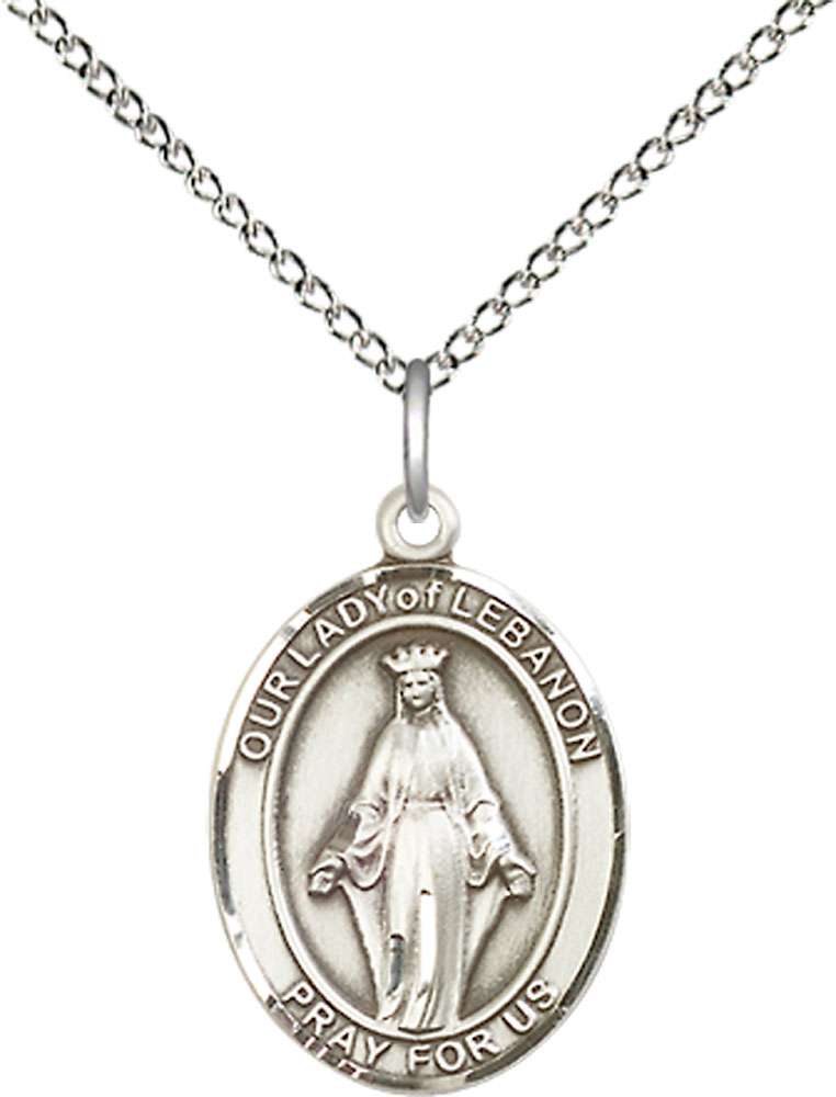 Sterling Silver Our Lady of Lebanon Pendant on a 18 inch Sterling Silver Light Curb chain