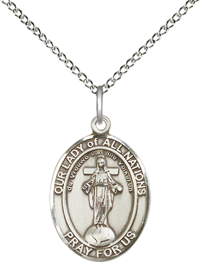 Sterling Silver Our Lady of All Nations Pendant on a 18 inch Sterling Silver Light Curb chain
