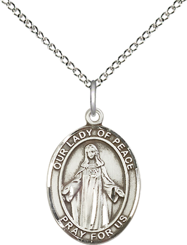 Sterling Silver Our Lady of Peace Pendant on a 18 inch Sterling Silver Light Curb chain