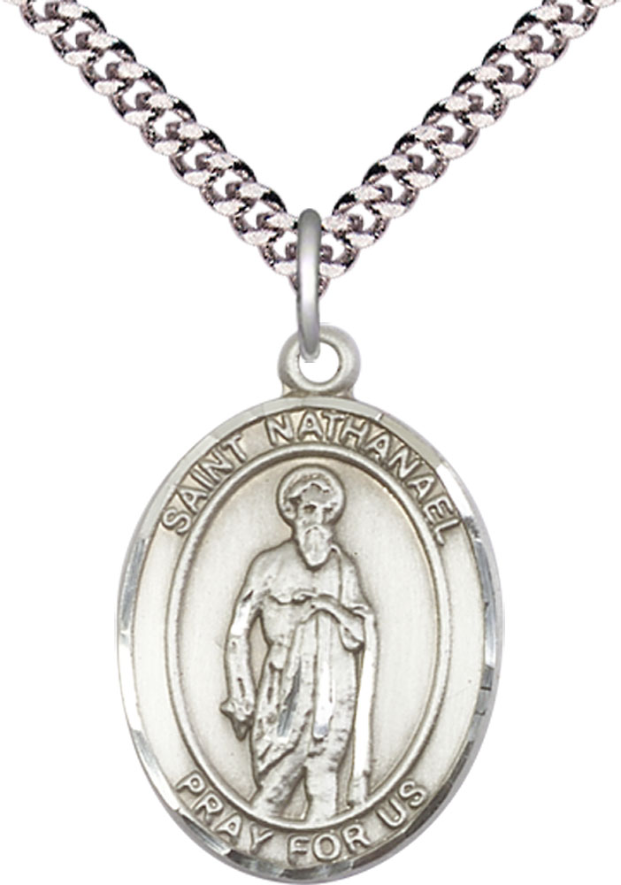 Sterling Silver Saint Nathanael Pendant on a 24 inch Light Rhodium Heavy Curb chain