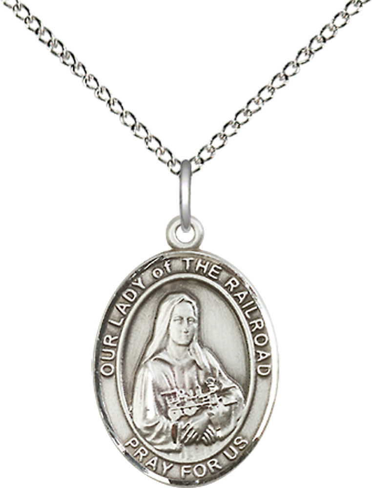 Sterling Silver Our Lady of the Railroad Pendant on a 18 inch Sterling Silver Light Curb chain