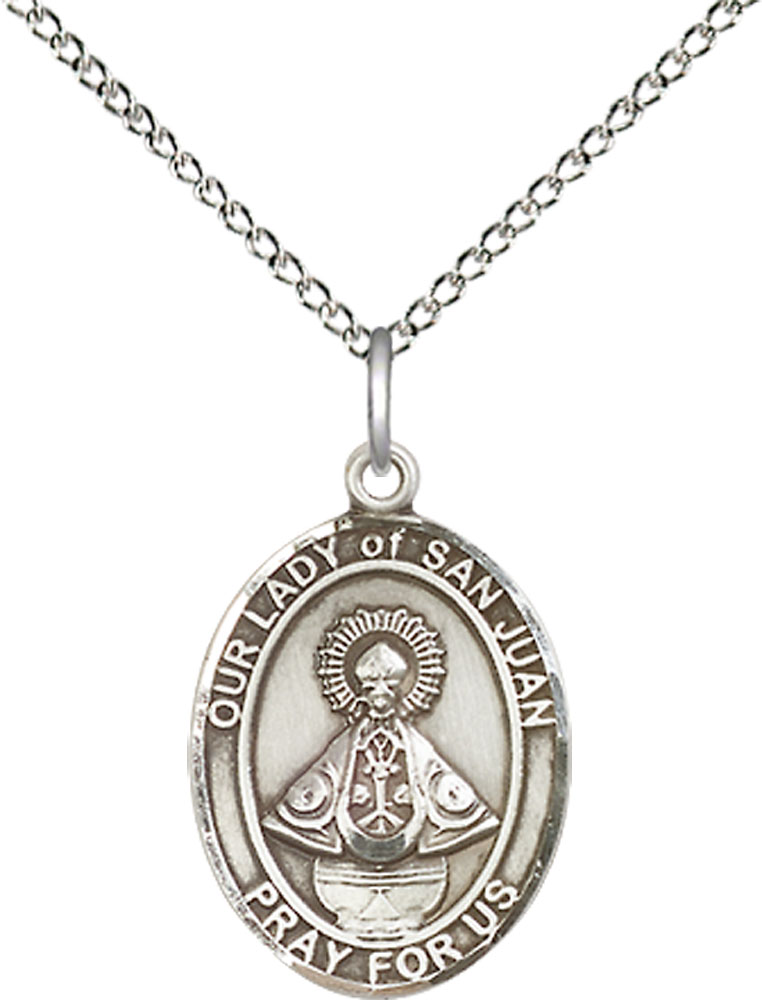 Sterling Silver Our Lady of San Juan Pendant on a 18 inch Sterling Silver Light Curb chain