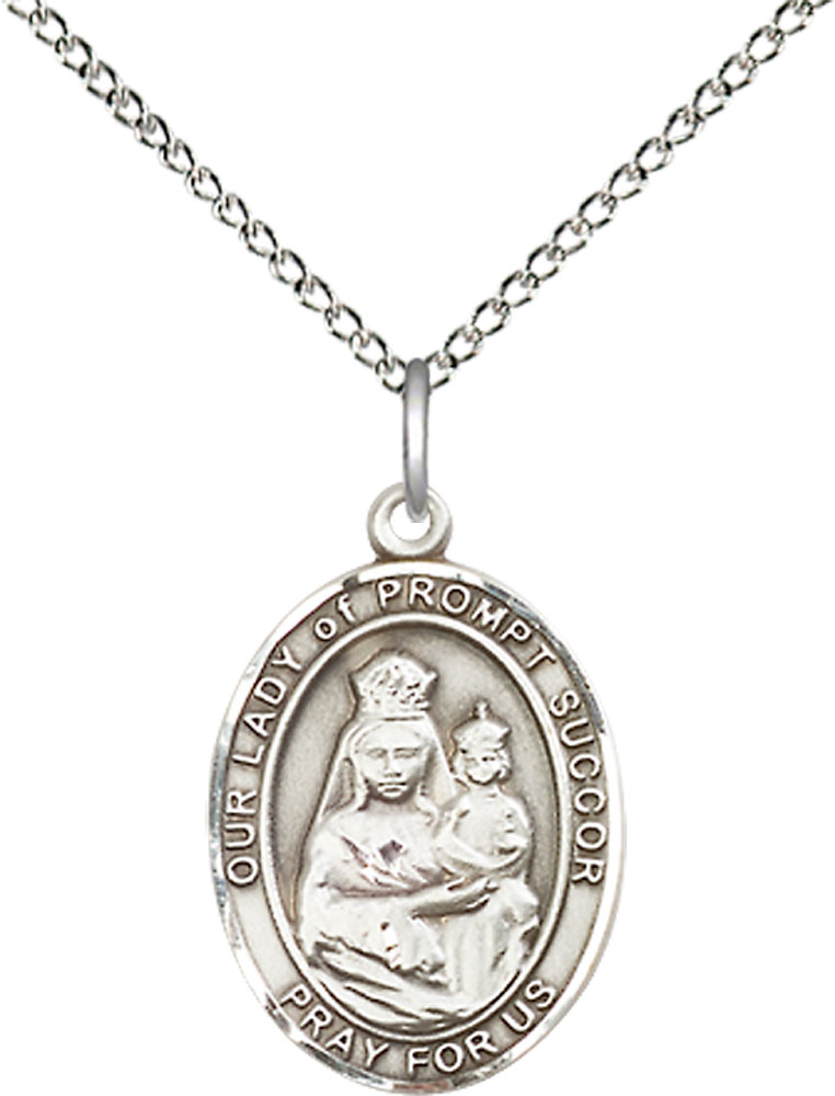 Sterling Silver Our Lady of Prompt Succor Pendant on a 18 inch Sterling Silver Light Curb chain