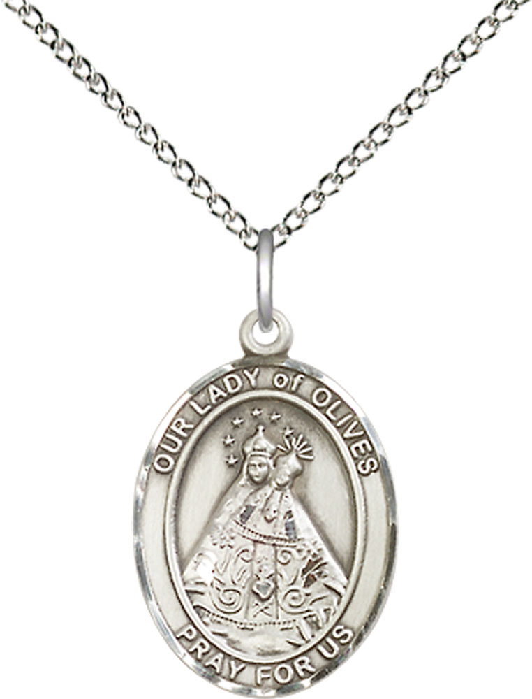 Sterling Silver Our Lady of Olives Pendant on a 18 inch Sterling Silver Light Curb chain