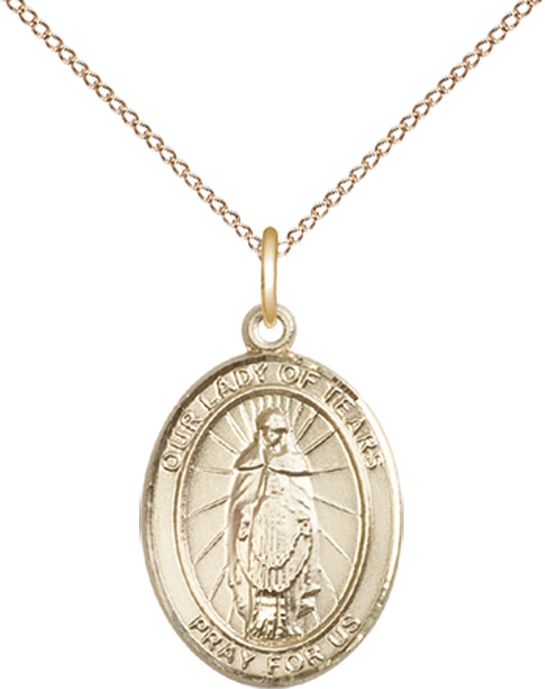 14kt Gold Filled Our Lady of Tears Pendant on a 18 inch Gold Filled Light Curb chain