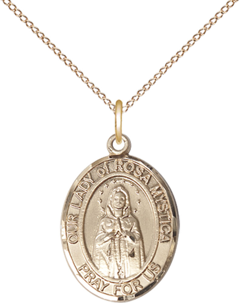 14kt Gold Filled Our Lady of Rosa Mystica Pendant on a 18 inch Gold Filled Light Curb chain