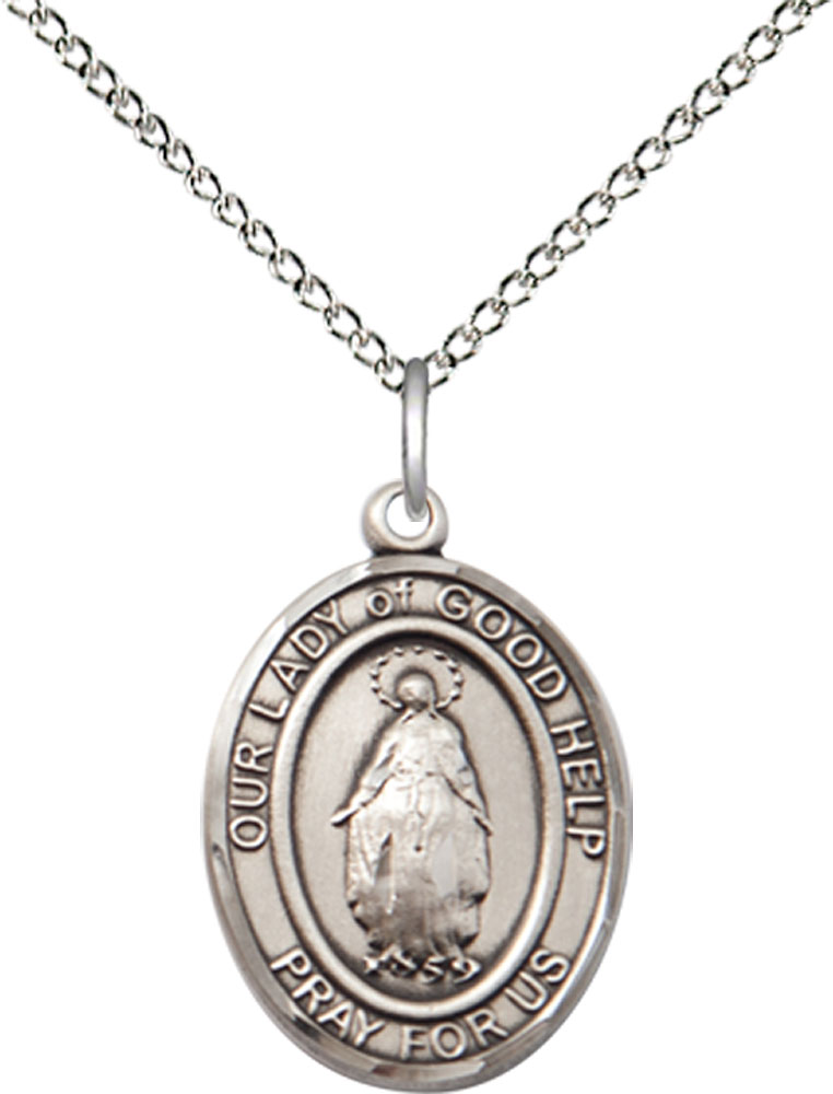 Sterling Silver Our Lady Of Good Help Pendant on a 18 inch Sterling Silver Light Curb chain