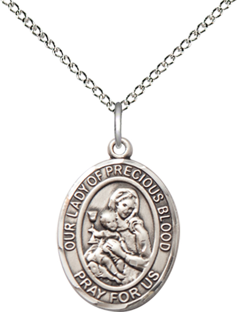 Sterling Silver Our Lady of the Precious Blood Pendant on a 18 inch Sterling Silver Light Curb chain