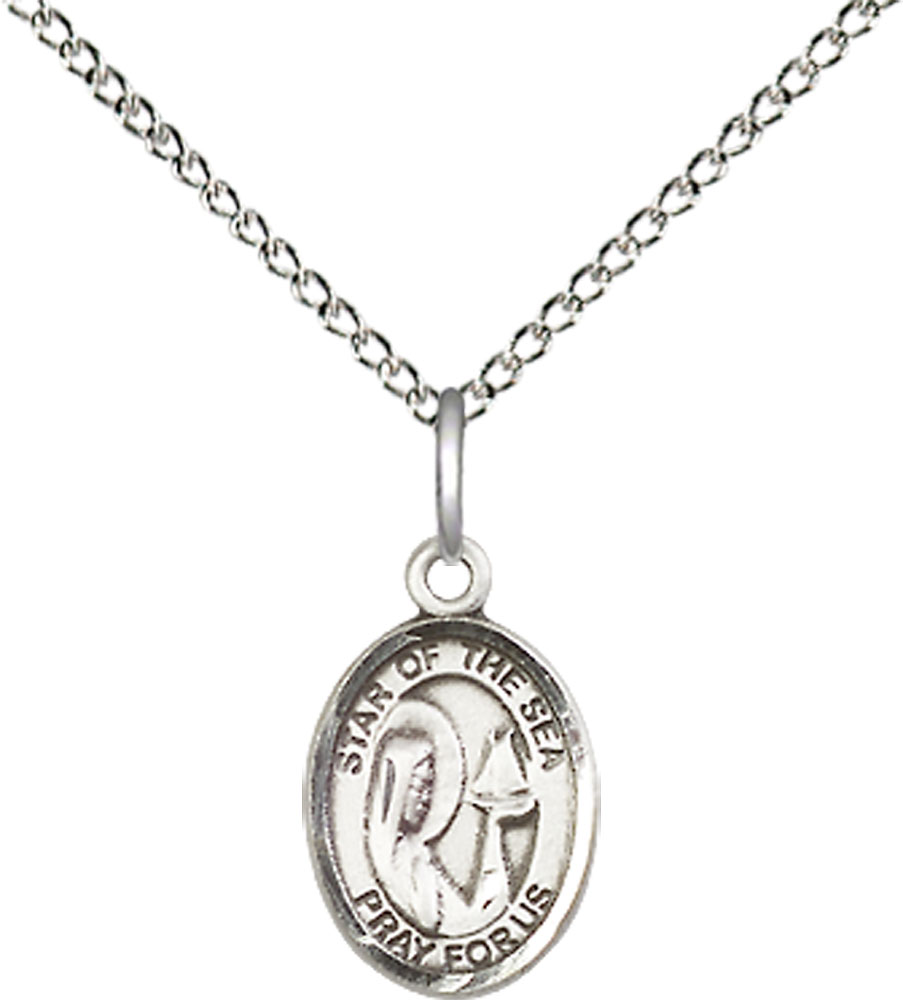 Sterling Silver Our Lady Star of the Sea Pendant on a 18 inch Sterling Silver Light Curb chain