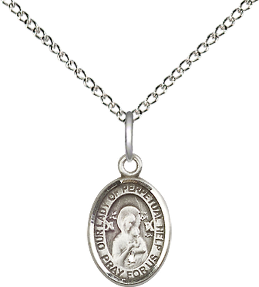Sterling Silver Our Lady of Perpetual Help Pendant on a 18 inch Sterling Silver Light Curb chain