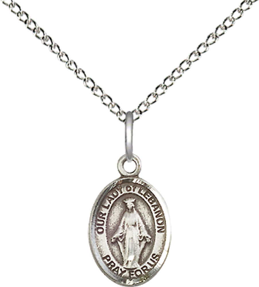 Sterling Silver Our Lady of Lebanon Pendant on a 18 inch Sterling Silver Light Curb chain