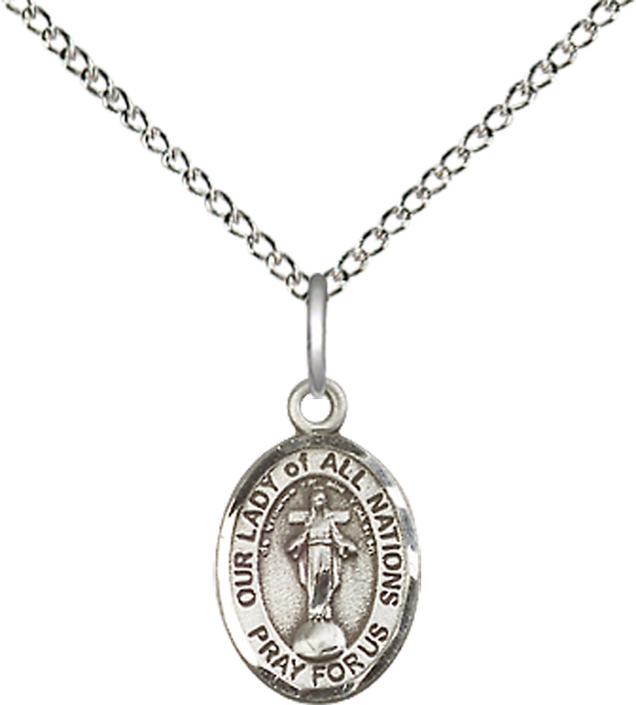 Sterling Silver Our Lady of All Nations Pendant on a 18 inch Sterling Silver Light Curb chain