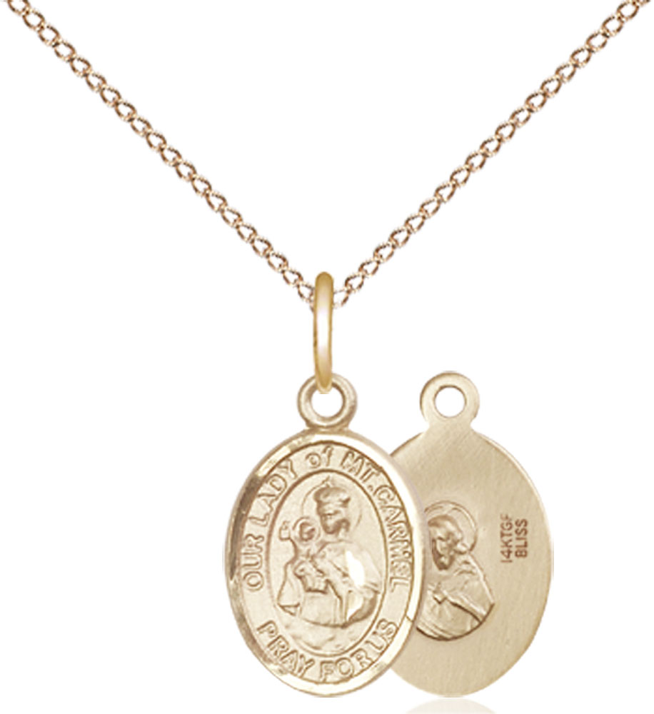 14kt Gold Filled Our Lady of Mount Carmel Pendant on a 18 inch Gold Filled Light Curb chain