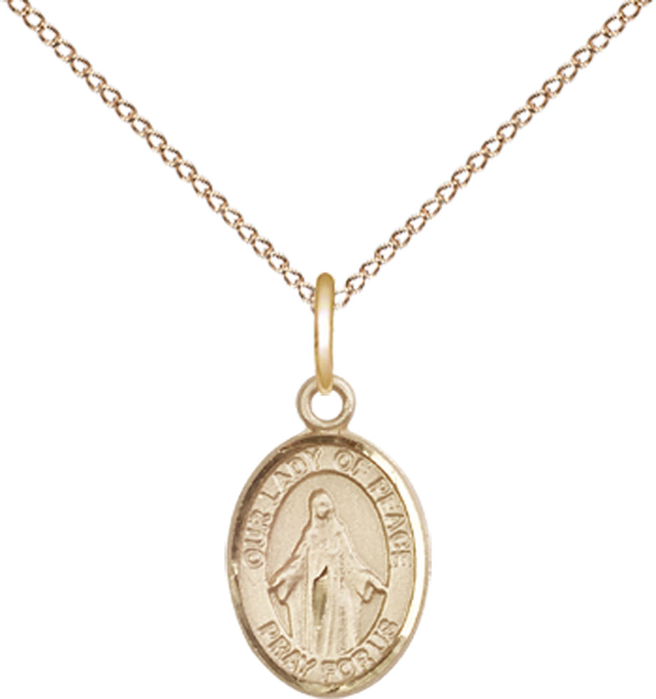 14kt Gold Filled Our Lady of Peace Pendant on a 18 inch Gold Filled Light Curb chain