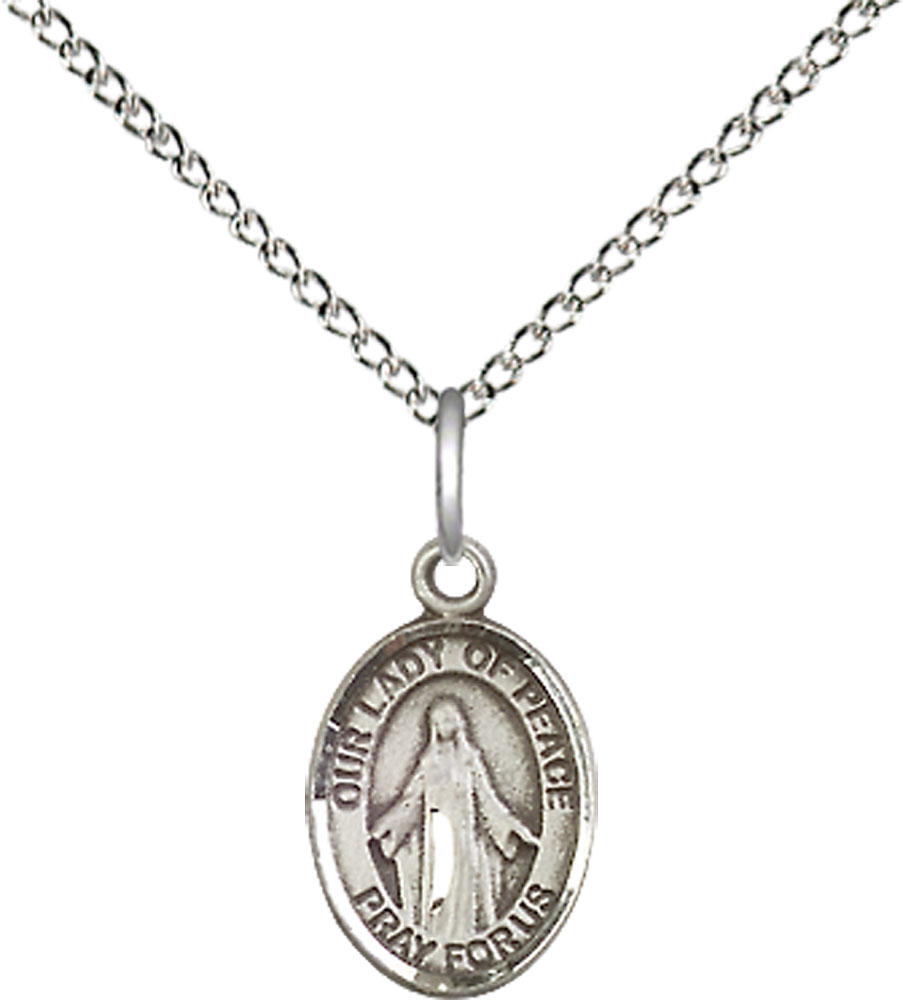 Sterling Silver Our Lady of Peace Pendant on a 18 inch Sterling Silver Light Curb chain