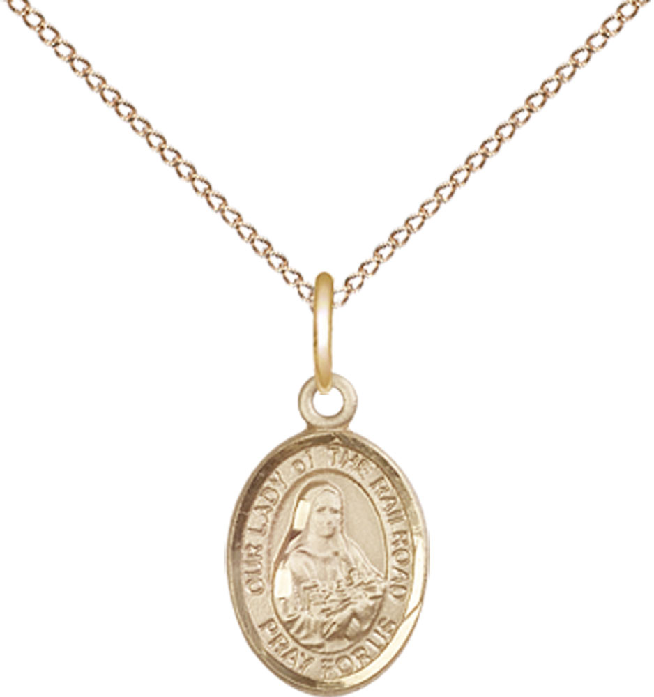 14kt Gold Filled Our Lady of the Railroad Pendant on a 18 inch Gold Filled Light Curb chain