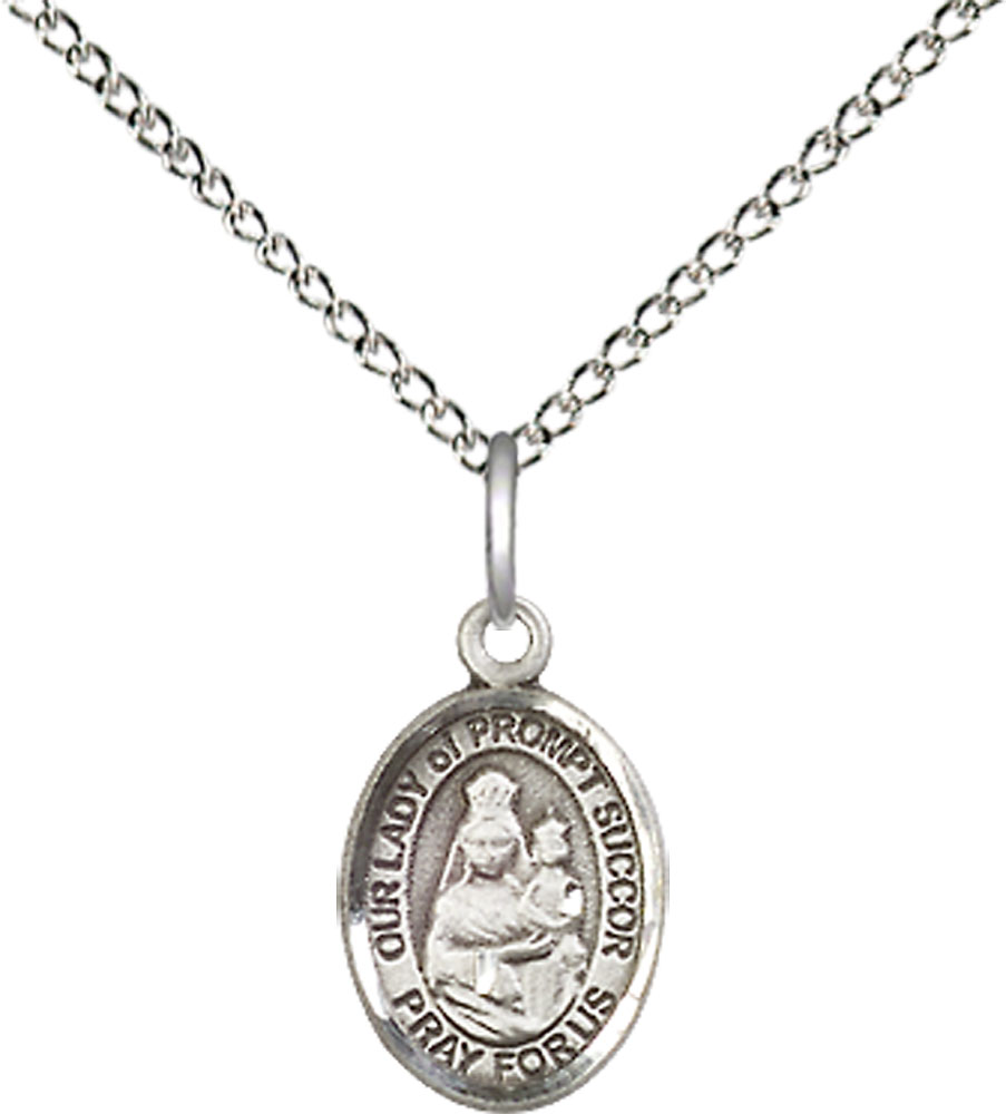 Sterling Silver Our Lady of Prompt Succor Pendant on a 18 inch Sterling Silver Light Curb chain