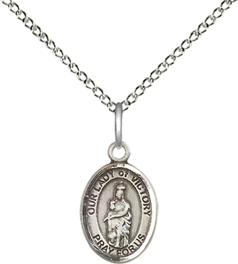 Sterling Silver Our Lady of Victory Pendant on a 18 inch Sterling Silver Light Curb chain