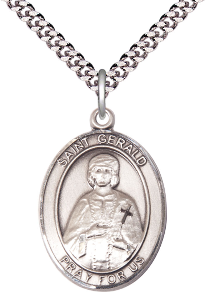 Sterling Silver Saint Gerald Pendant on a 24 inch Light Rhodium Heavy Curb chain