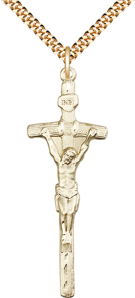 14kt Gold Filled Papal Crucifix Pendant on a 24 inch Gold Plate Heavy Curb chain