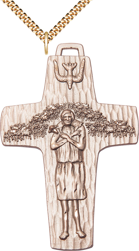 14kt Gold Filled Papal Crucifix Pendant on a 24 inch Gold Plate Heavy Curb chain