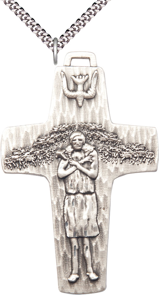 Sterling Silver Papal Crucifix Pendant on a 24 inch Light Rhodium Heavy Curb chain