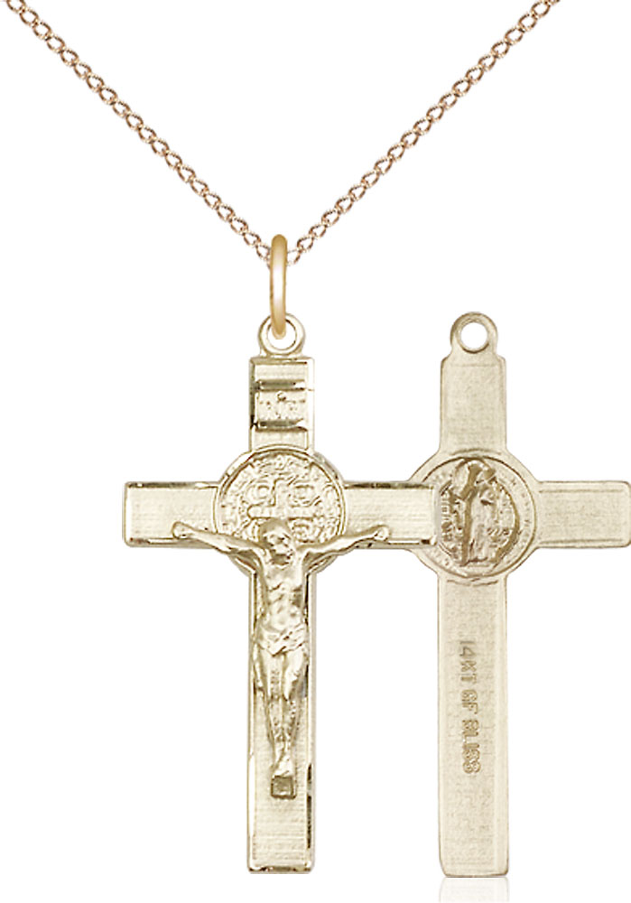 14kt Gold Filled Saint Benedict Crucifix Pendant on a 18 inch Gold Filled Light Curb chain