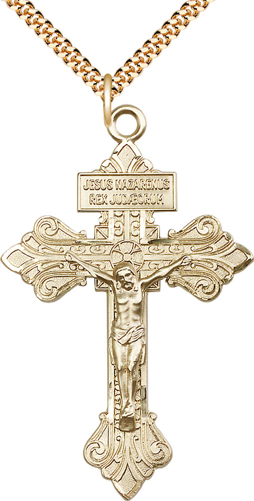 14kt Gold Filled Crucifix Pendant on a 24 inch Gold Plate Heavy Curb chain