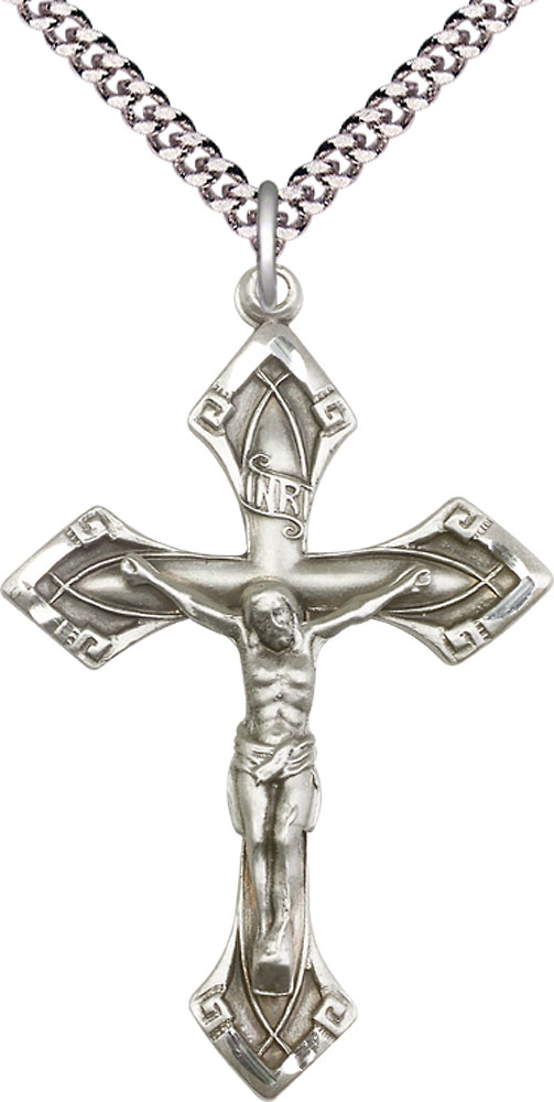 Sterling Silver Crucifix Pendant on a 24 inch Light Rhodium Heavy Curb chain