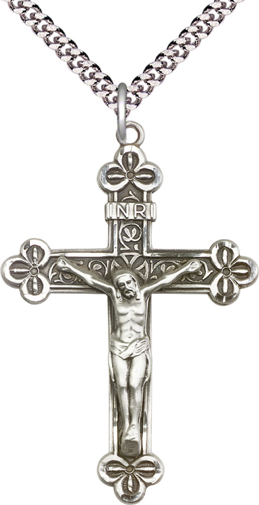 Sterling Silver Crucifix Pendant on a 24 inch Light Rhodium Heavy Curb chain