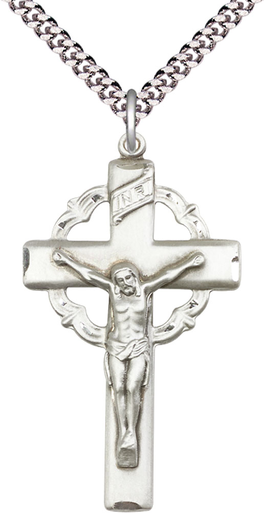 Sterling Silver Crucifix Pendant on a 24 inch Light Rhodium Heavy Curb chain