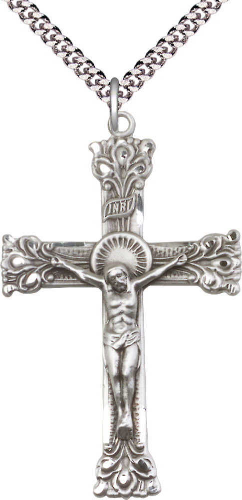 Sterling Silver Crucifix Pendant on a 24 inch Light Rhodium Heavy Curb chain