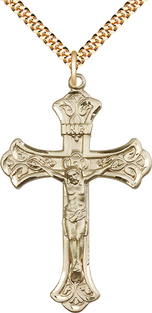 14kt Gold Filled Crucifix Pendant on a 24 inch Gold Plate Heavy Curb chain