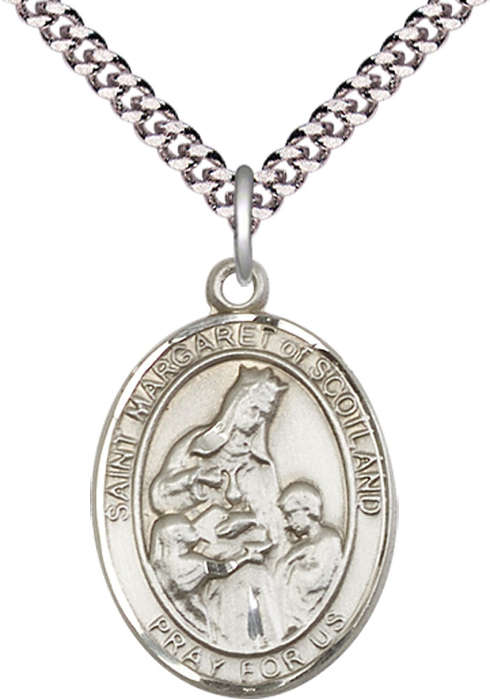 Sterling Silver Saint Margaret of Scotland Pendant on a 24 inch Light Rhodium Heavy Curb chain