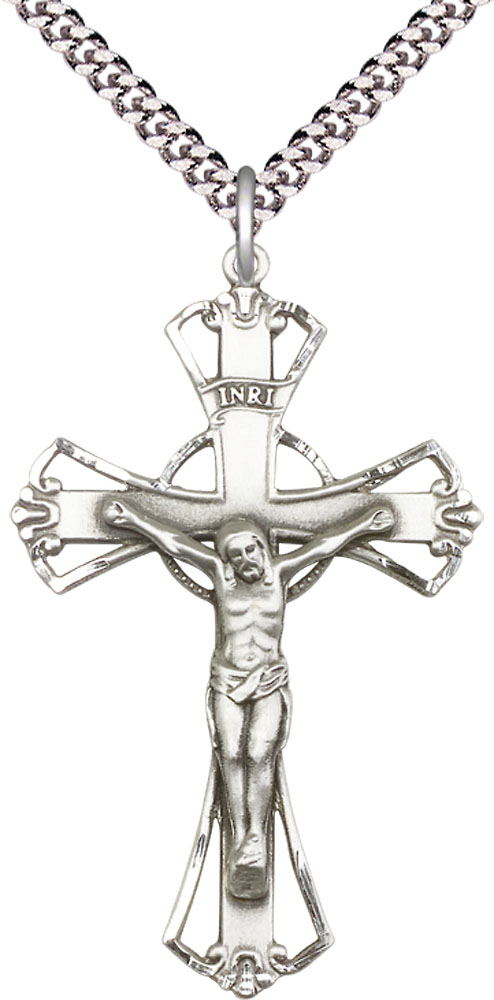 Sterling Silver Crucifix Pendant on a 24 inch Light Rhodium Heavy Curb chain