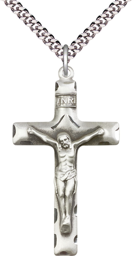 Sterling Silver Crucifix Pendant on a 24 inch Light Rhodium Heavy Curb chain