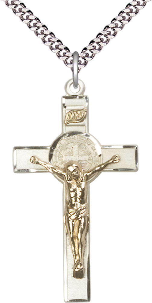 Two-Tone GF/SS Saint Benedict Crucifix Pendant on a 24 inch Light Rhodium Heavy Curb chain