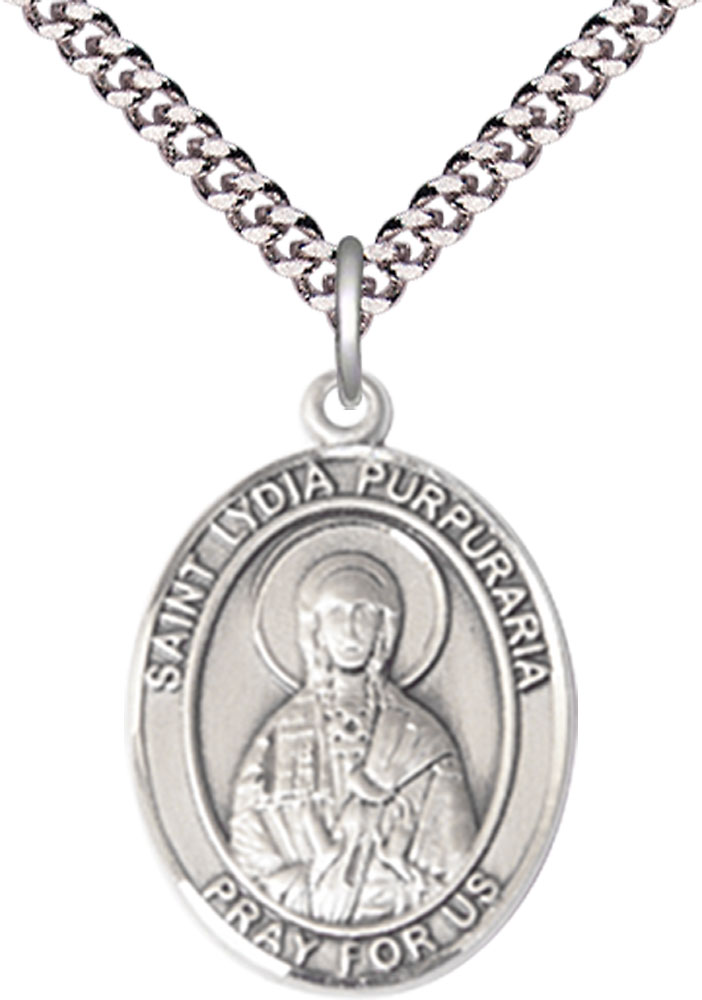 Sterling Silver Saint Lydia Purpuraria Pendant on a 24 inch Light Rhodium Heavy Curb chain