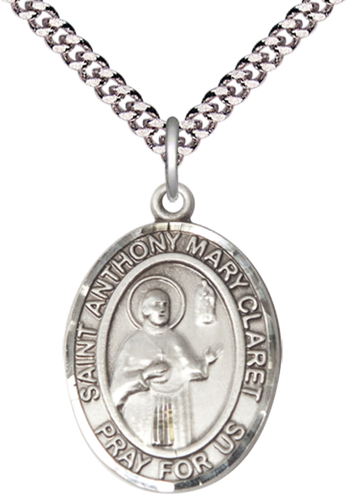 Sterling Silver Saint Anthony Mary Claret Pendant on a 24 inch Light Rhodium Heavy Curb chain