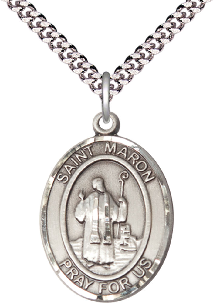 Sterling Silver Saint Maron Pendant on a 24 inch Light Rhodium Heavy Curb chain