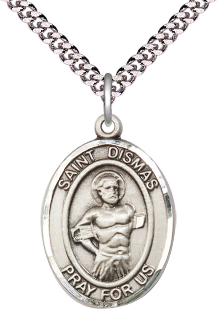 Sterling Silver Saint Dismas Pendant on a 24 inch Light Rhodium Heavy Curb chain