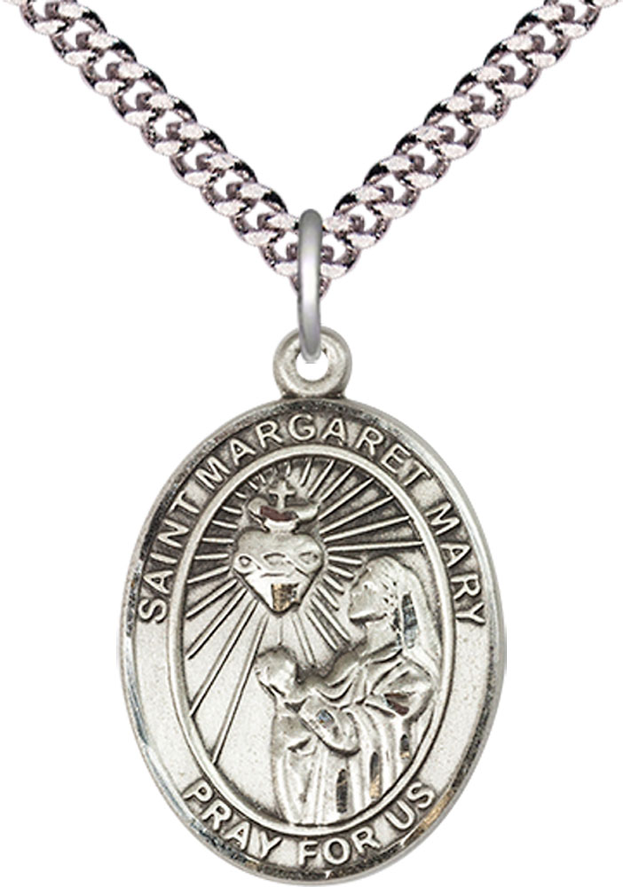 Sterling Silver Saint Margaret Mary Alacoque Pendant on a 24 inch Light Rhodium Heavy Curb chain